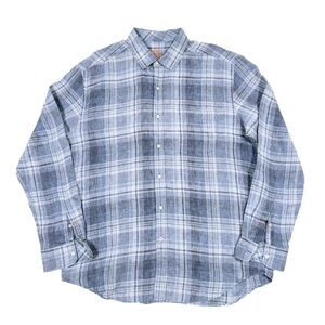 J.McLaughlin Shirt Men’s XL Linen Button Up Long Sleeve Casual Blue Plaid